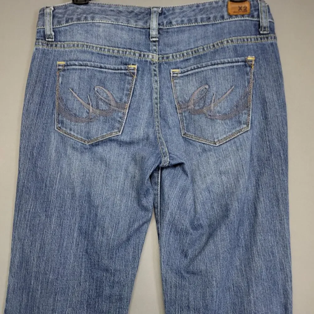X2 Jeans Womens 8 Blue Mid Rise Stretch Straight Leg Embroidered Pockets Denim - Picture 14 of 16